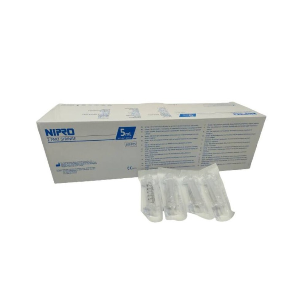 jeringa 2 cuerpos 5ml sin aguja cono luer concentrico nipro 