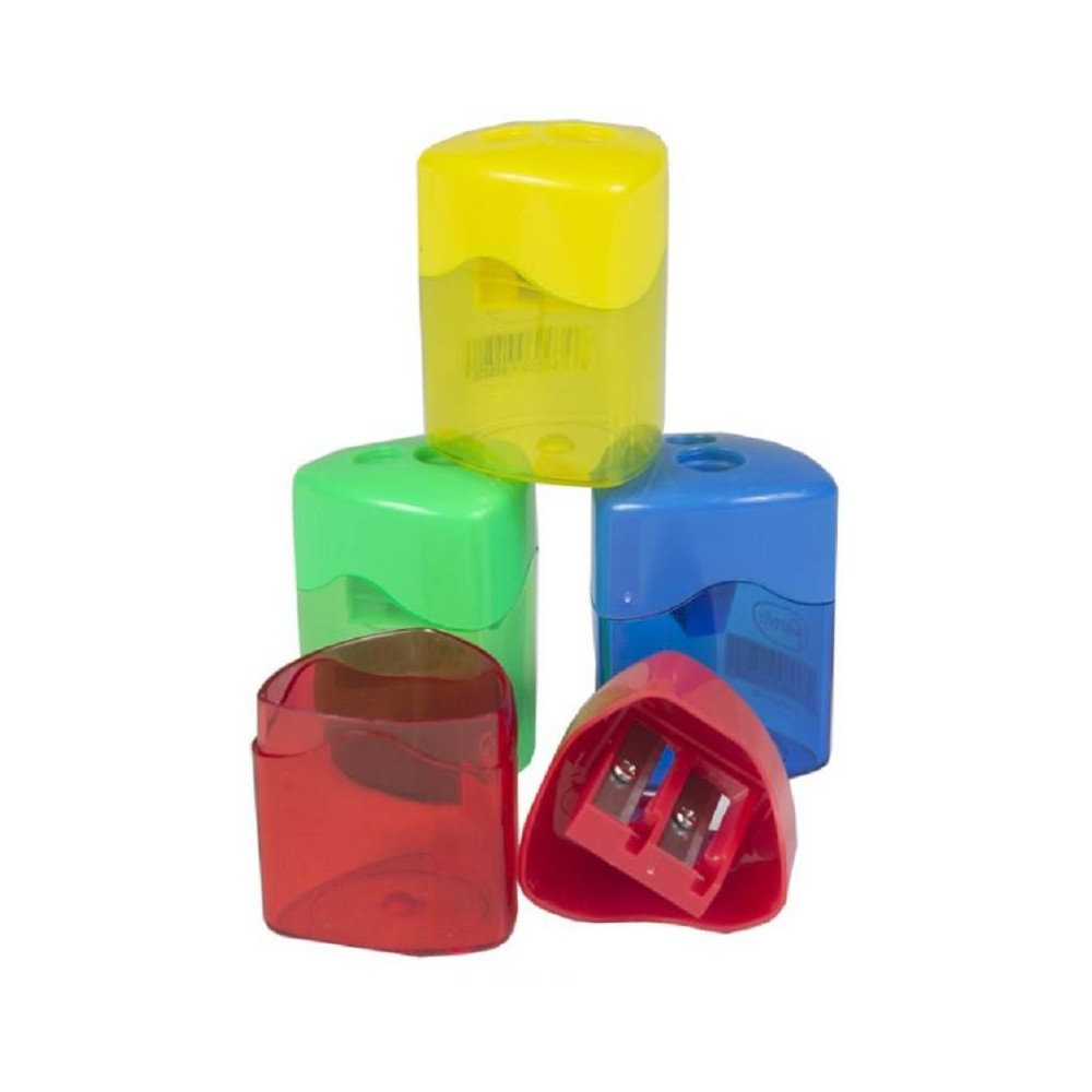 sacapuntas de plastico 2 agujeros con deposito forofis color