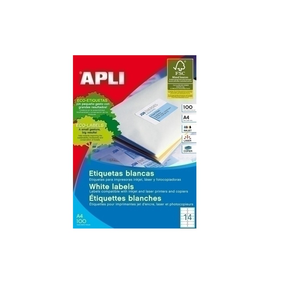 ETIQUETAS ADHESIVAS IMPRIMIBLES A4  99,1 X 38,1 MM  14 ETIQUETAS  CANTOS ROMOS  (PAQ  100 UDS)