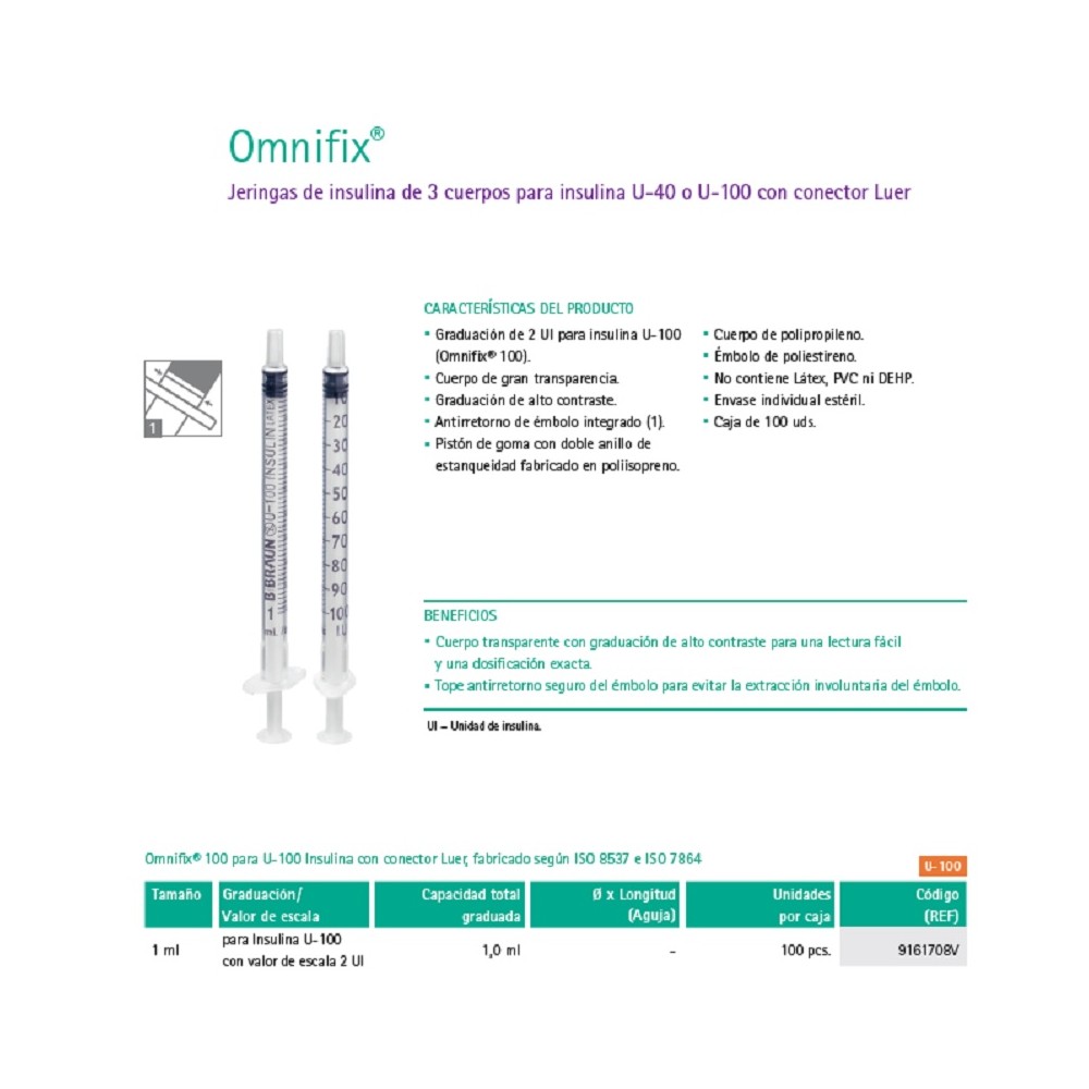 JERINGA 3 CUERPOS INSULINA 1ML SIN AGUJA CONO LUER CONCÉNTRICO (PAQ  100 UDS)