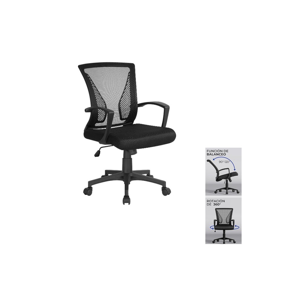 SILLA DE OFICINA CON RUEDAS REGULABLES EN ALTURA CON MALLA DE COLOR NEGRO